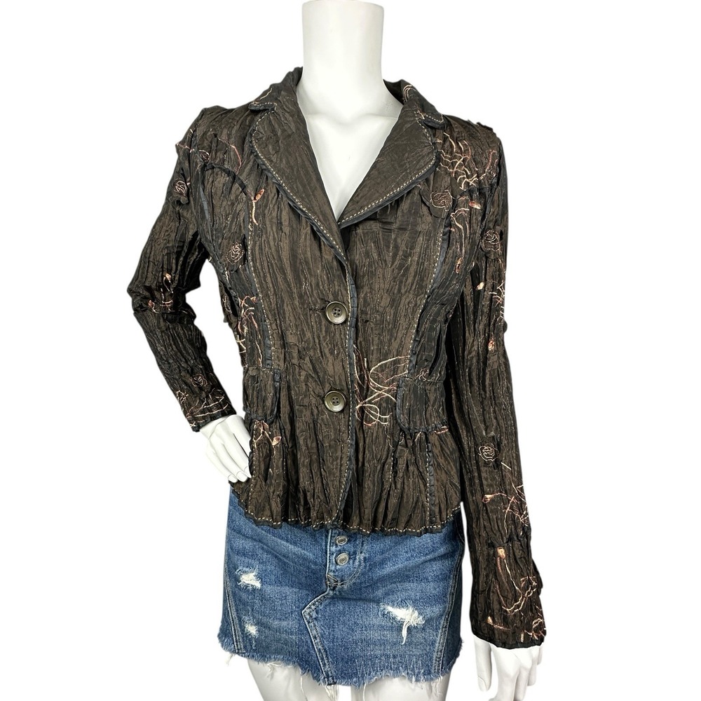 Metallic Jacket L Bronze Crinkle Texture Embroidered Y2K Boho Alberto Makali